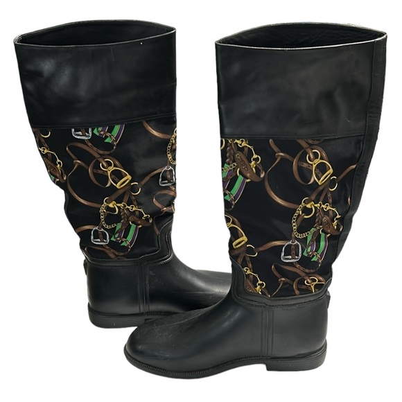 RALPH LAUREN COLLECTION Black Rubber Leather Printed
Nylon Knee Boot 10-10 1/2B - Picture 5 of 13